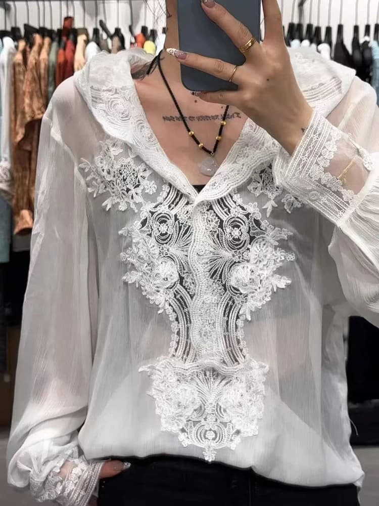 Women's lace splicing silk blouse, water-soluble flower embroidery blouse, sunscreen hooded shirt, 100% Mulberry Silk, 2025, New