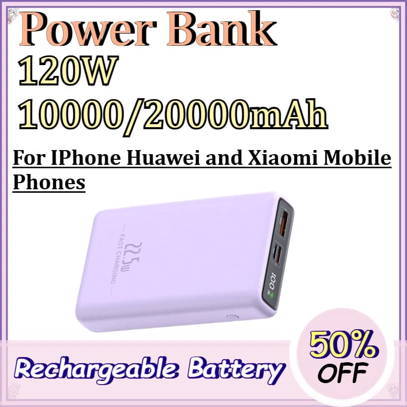 120W 10000/20000mAh Power Bank for IPhone Huawei and Xiaomi Mobile Phones Mini Compact Portable with Built-in Cable
