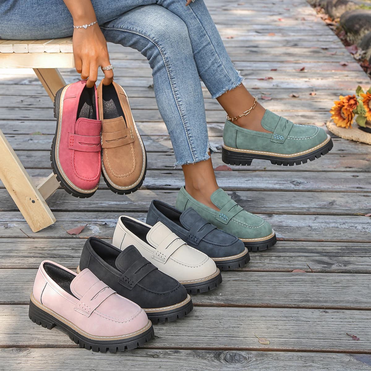Mocassini con plateau tinta unita da donna autunno scarpe basse britanniche comode scarpe da ginnastica slip on con tacco spesso donna Zapatos De Mujer