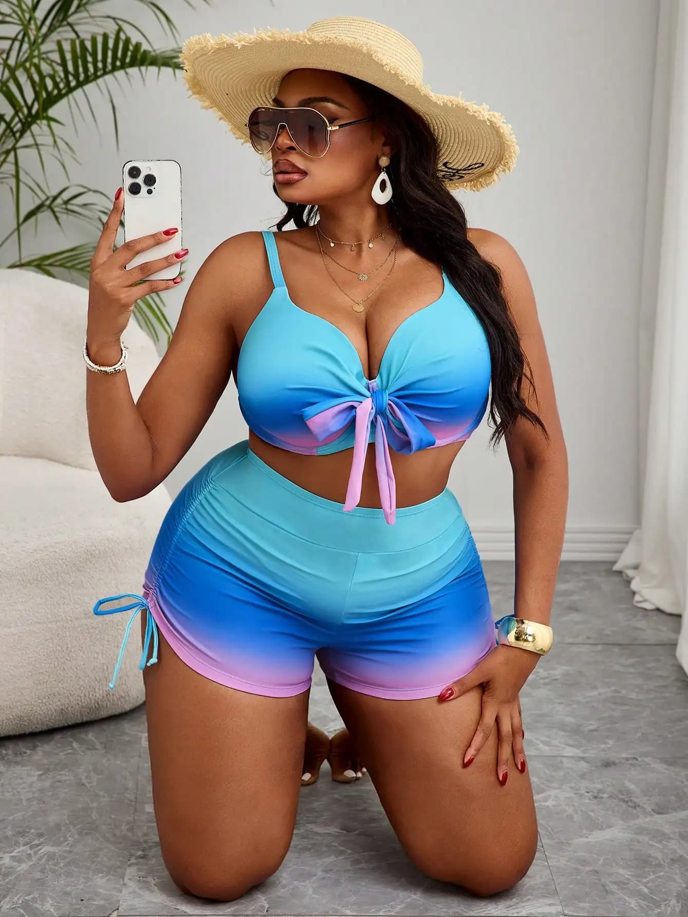 Set tankini push-up con stampa sfumata taglie plus, con fiocco e coulisse laterale, per l'estate in spiaggia