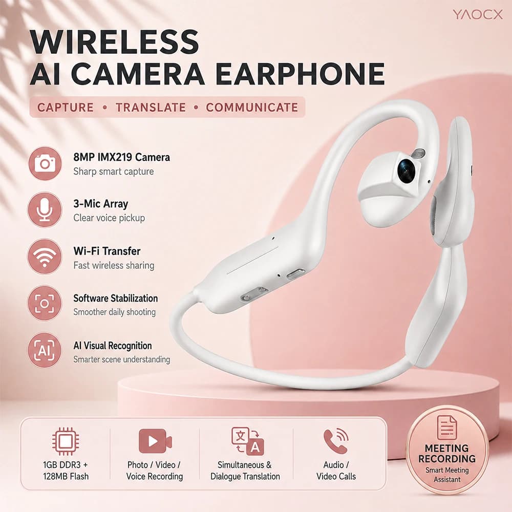 2026 AI Camera Earphones 8MP IMX219 Open Ear Bluetooth Headset EIS Hands-Free POV Photo Video Recording for Travel Vlog Sport