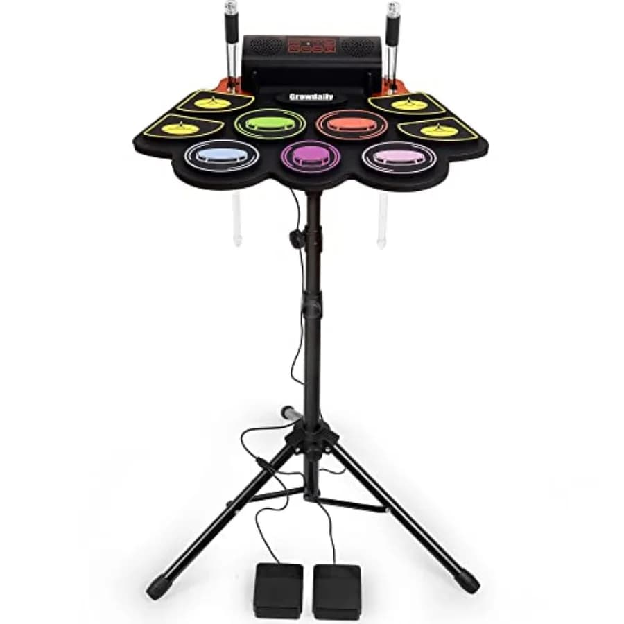 Set di Batteria Elettronica con 9 Pad, Supporto, Registrazione Musicale, Bacchette Luminose, Pedale, MIDI e Doppi Altoparlanti Stereo in Colori Arcobaleno