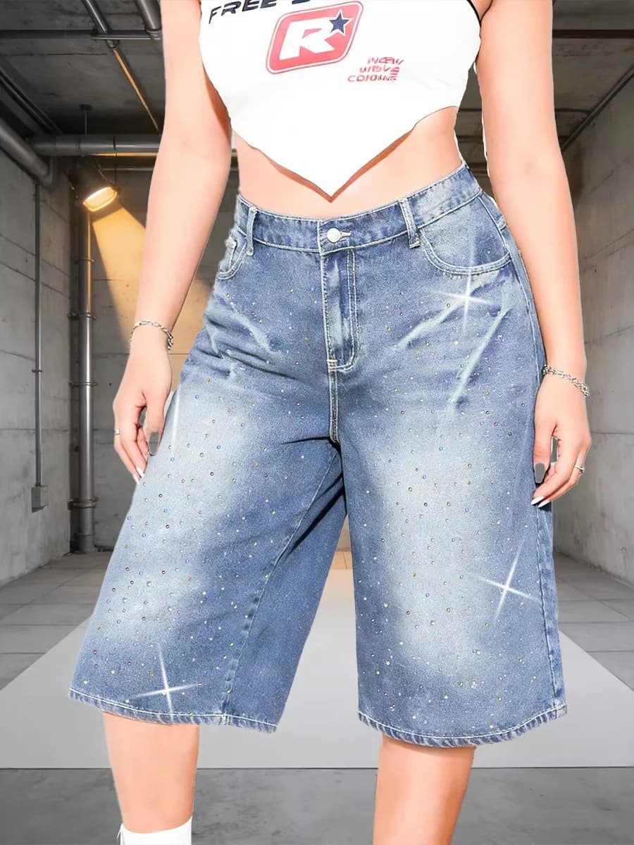 Shiny Sequined Denim Shorts Glittering Heat Pressed Jeans Loose Straight High Waist Blue Ladies Summer Fashion Asymmetric