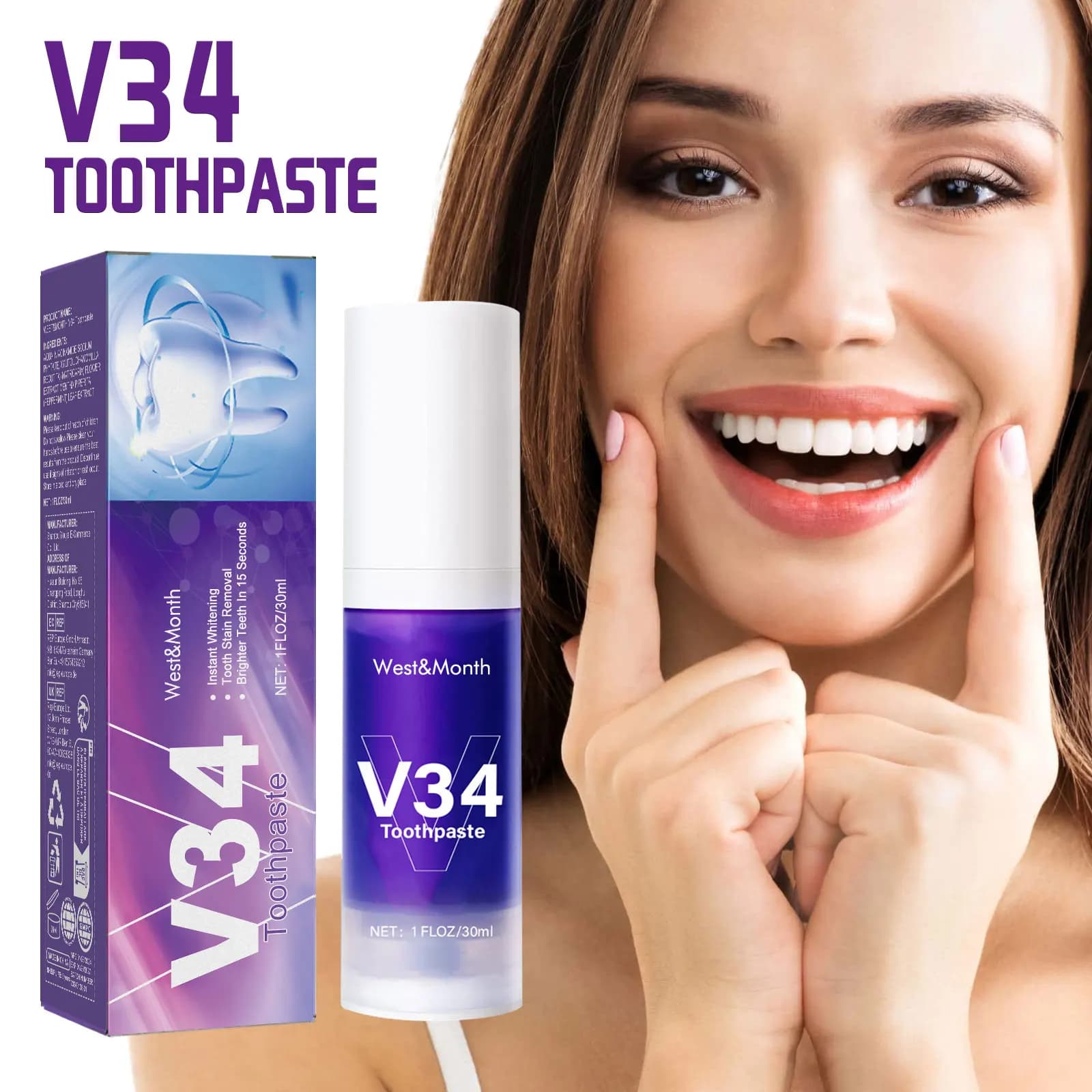 V34 Cleansing Mousse, intensive teeth whitening, delicate care of gums and long-lasting fresh breath, practical toothpaste with pressure dispenser