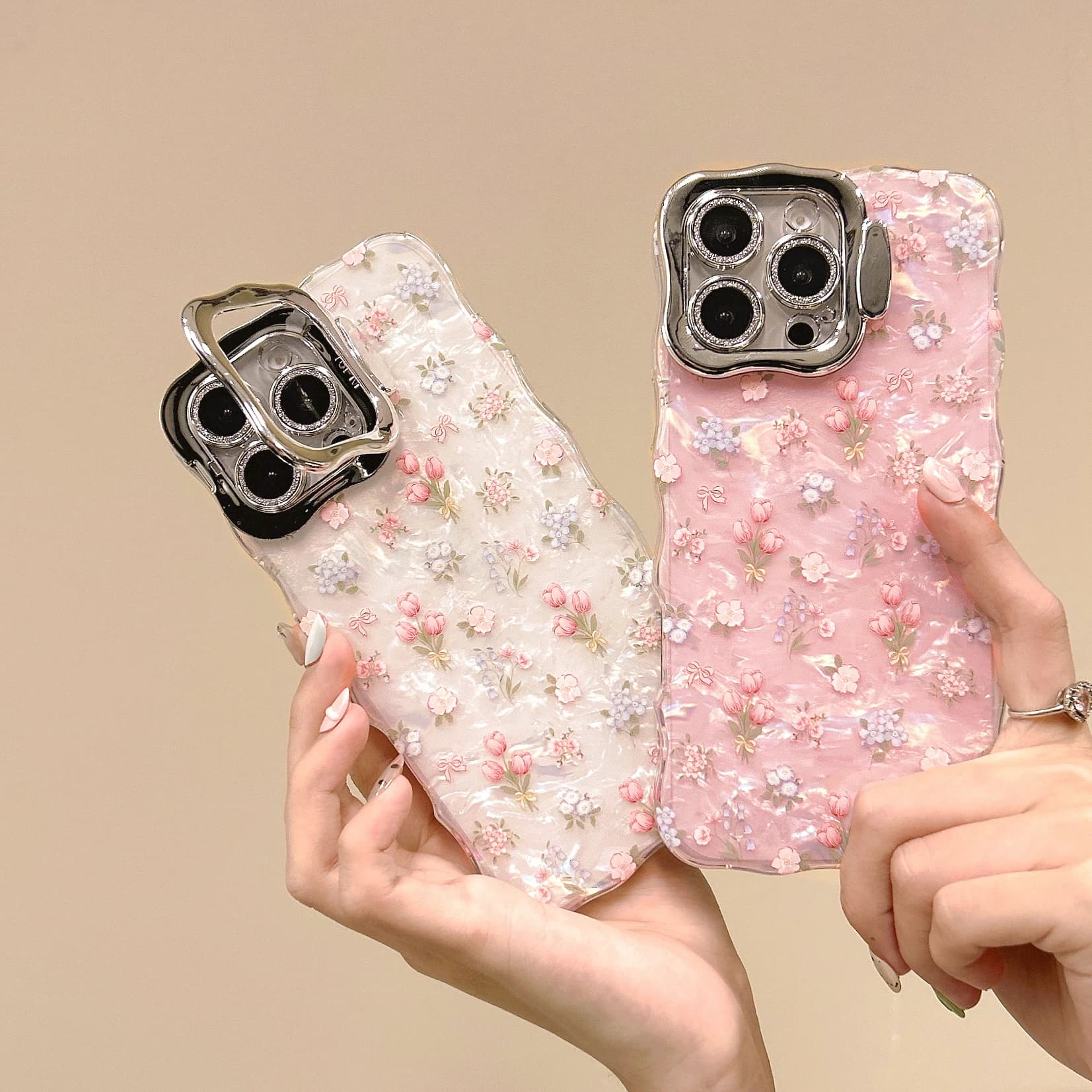 Chic Tulipani Modello Ondeggiante Telaio Shell Gloss Len Telaio Cavalletto Cassa Del Telefono per iPhone 16 15 14 11 12 13 Pro Max Plus Della Copertura Posteriore