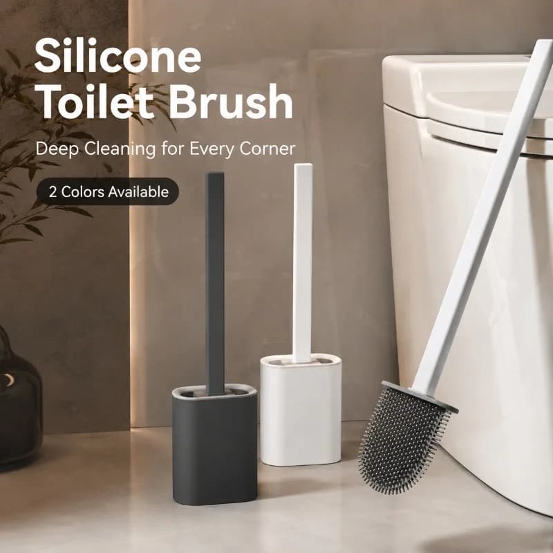 Flexible Silicone Toilet Brush with Holder, Long Handle 360° Cleaning Head, Non-Scratch Bristles, Wall Mount Bathroom Cleaner
