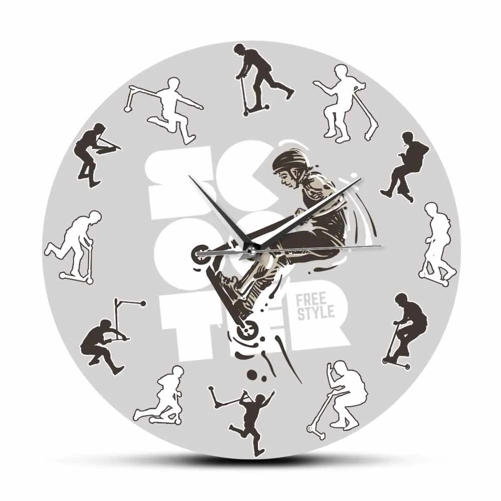 Wall clock with modern design for acrobatic scooter for adolescents Cool Extreme Scooter Home decoration Wall clock Acrobatic sports artwork