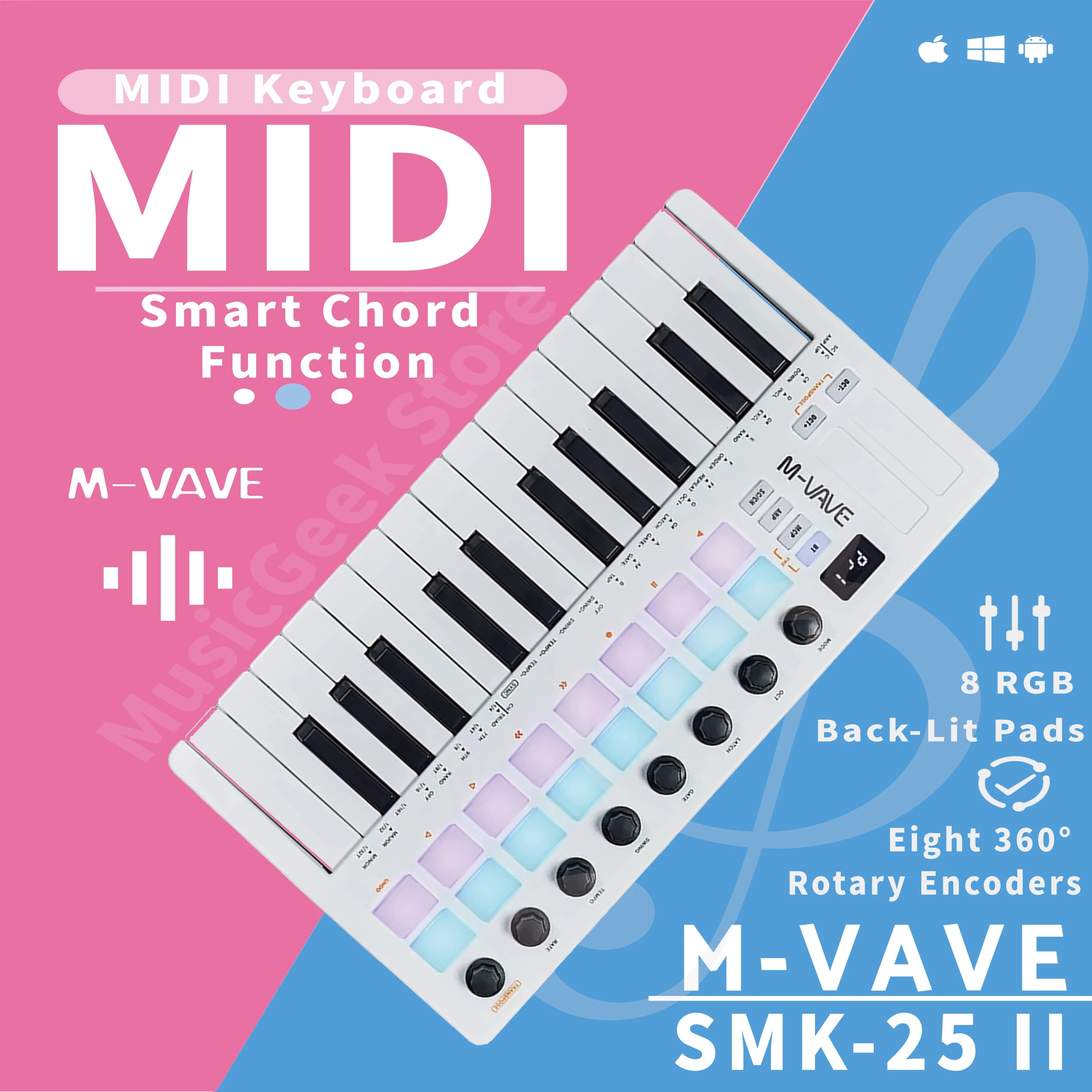 M-VAVE SMK-25 II Tastiera Controller MIDI a 25 Tasti Mini USB con 16 Pad RGB e 8 Manopole, Software per Produzione Musicale Incluso