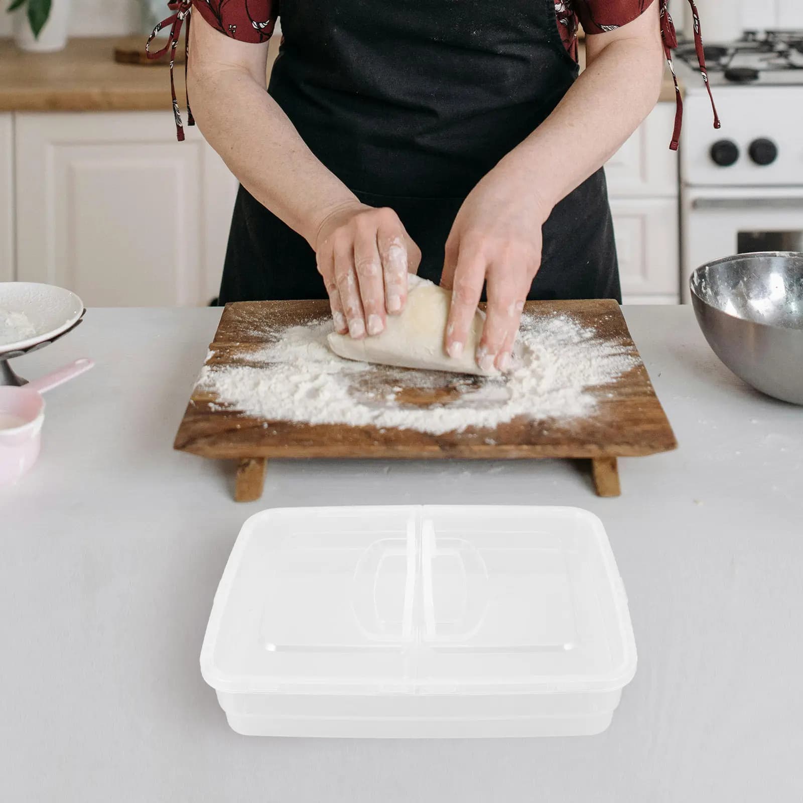 Contenitore Impilabile per Lievitazione Pizza con Coperchio in Plastica e Maniglia, Salvaspazio, Vassoio per Lievitazione Pane