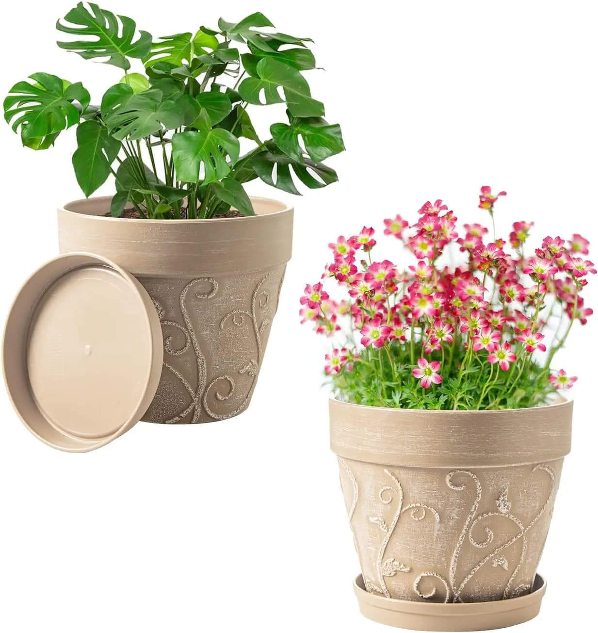 Vasi per Piante da Interno da 7 Pollici con Drenaggio e Sottovaso, Set da 2 Fioriere in Plastica per Piante Grasse e Decorazioni da Giardino