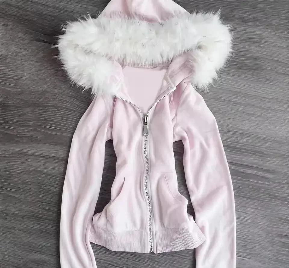 Winter Retro Pink Fur Hoodie Women's Y2K Harajuku Artificial Fur Collar Jacket Fashion Slimming Belt Hot Girl Sportswear
