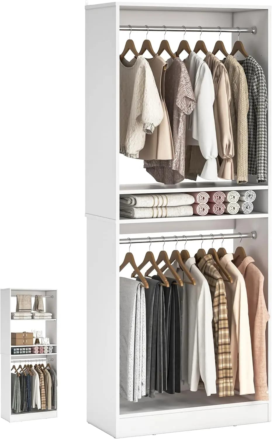 Organizzatore per armadio autoportante, 25"W x 16"D x 80"H, ripiani regolabili e barre appendiabiti, bianco