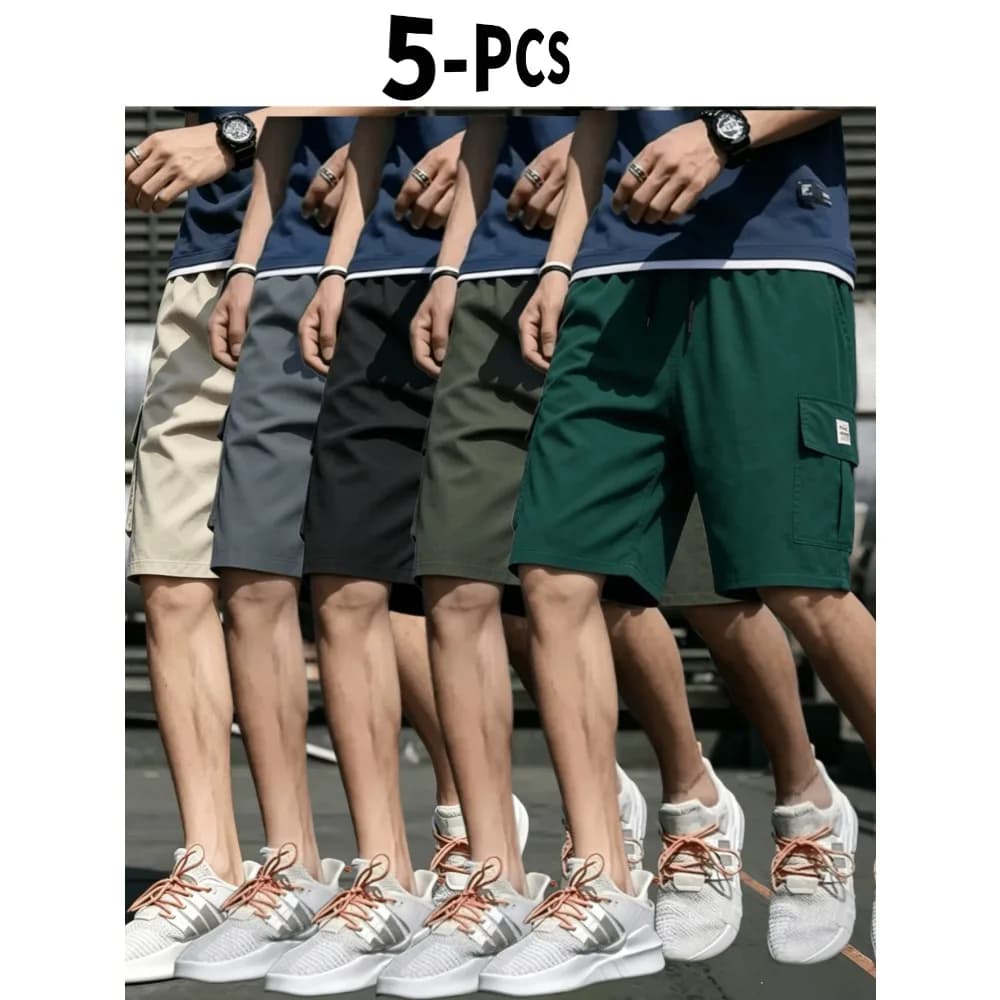 5-Piece Set Of Men's Summer Shorts, With Multiple Pockets, Adjustable Waistband, Durable, Casual, Work-Friendly Shorts.