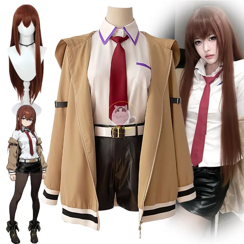 Anime Makise Kurisu Cosplay Costumes Wig STEINS Cosplay Makise Kurisu Hooded Coat Shirt Shorts Halloween Clothes for Women