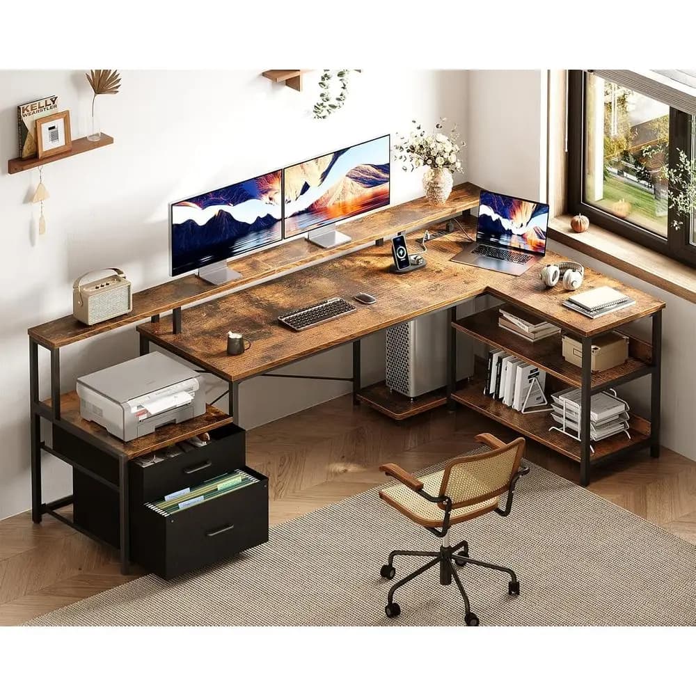 72 L-Shaped Home Office Desk with Power Outlet, Storage Shelves, and Monitor Stand, Vintage Style
