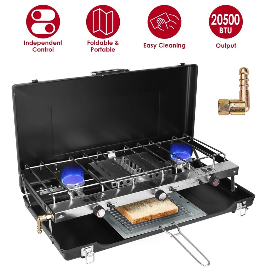 2,0000 BTU 3-fired propane camping stove, portable camping stove with 3 adjustable burners and instant button ignition