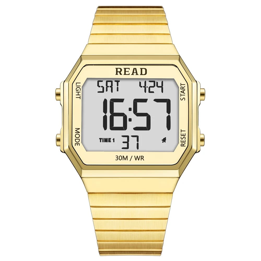 READ Retro Square Electronic Watch | Stainless Steel Band | Dual‑Time Multi‑Alarm | LED Stopwatch | 3ATM Water Resistant