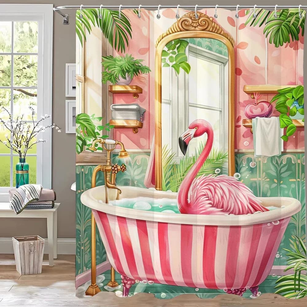 Flamingo Bathing in Pink bathtub Shower Curtain, Floral Art Bathroom Decorative Curtain, Printed Polyester Curtain with Hooks