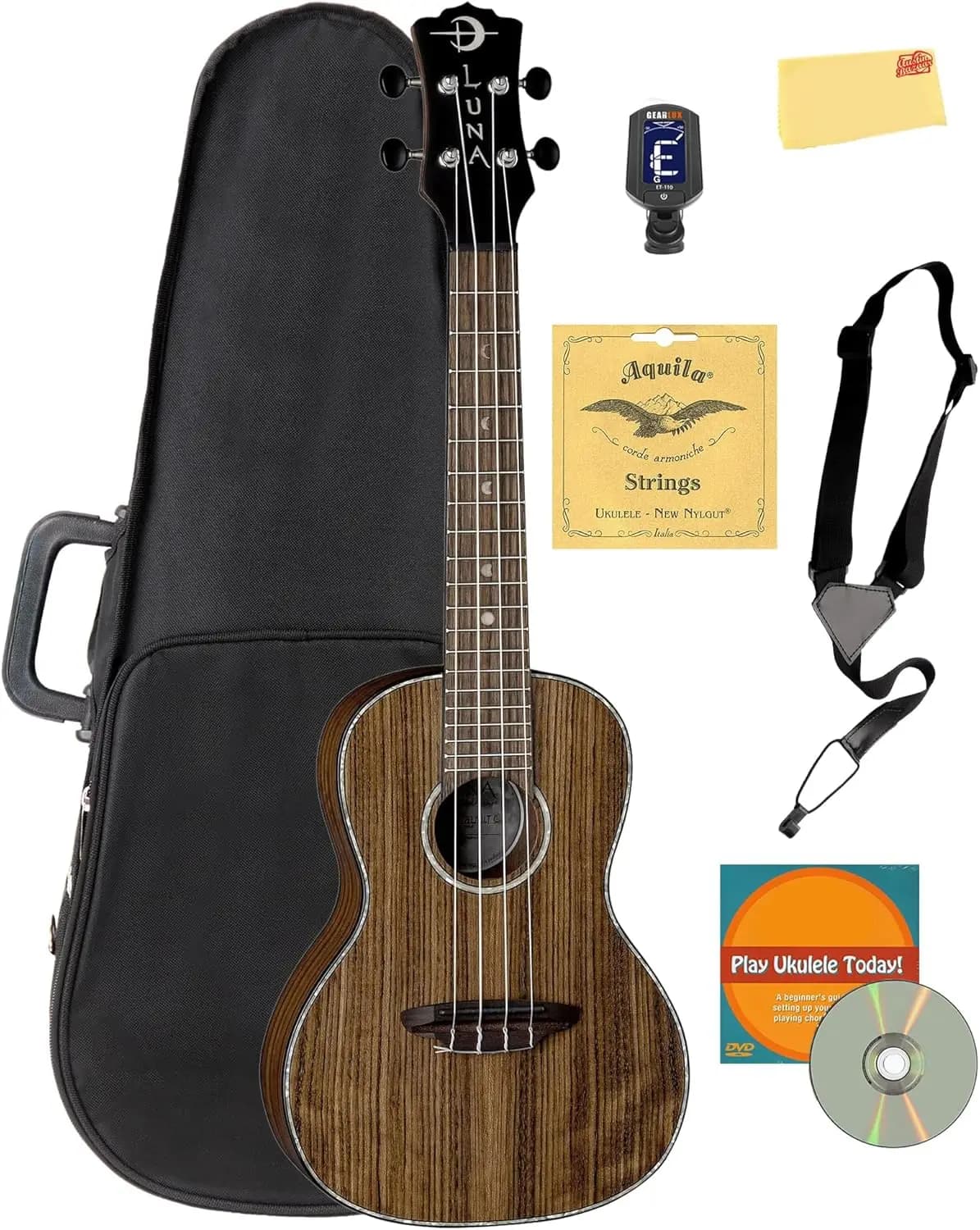 Concert Ukulele in Walnut Finish with Polyfoam Case, Spare Strings, Tuner, Strap, Instructional DVD, and Polishing Cloth