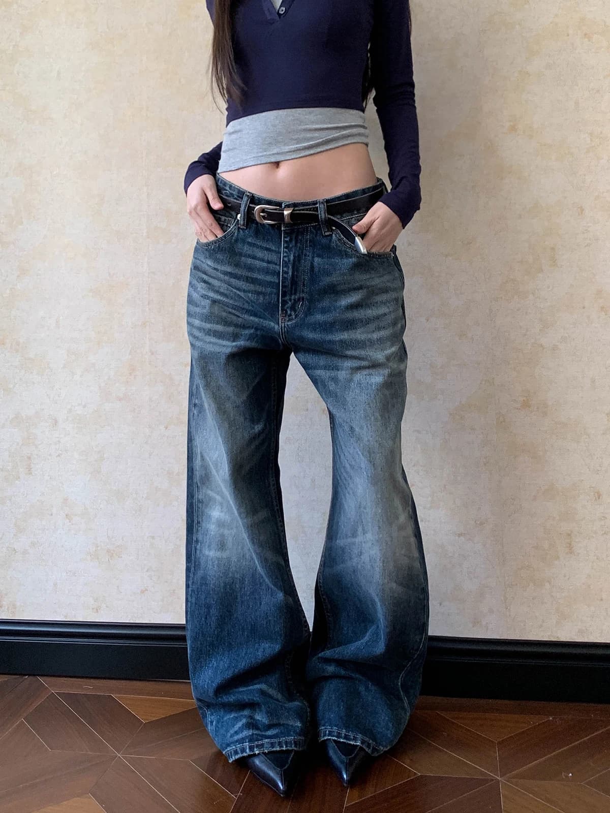 Aket American Retro Deep Blue Jeans Street Sle Faded Loose Straight Leg Long Pants Women High Waist Denim Cotton