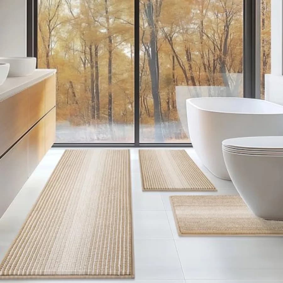 Set di Tappeti da Bagno 3 Pezzi, Tappetino Sagomato a U, Set di Tappeti da Doccia Lunghi a Righe, Assorbenti e Antiscivolo in Ciniglia