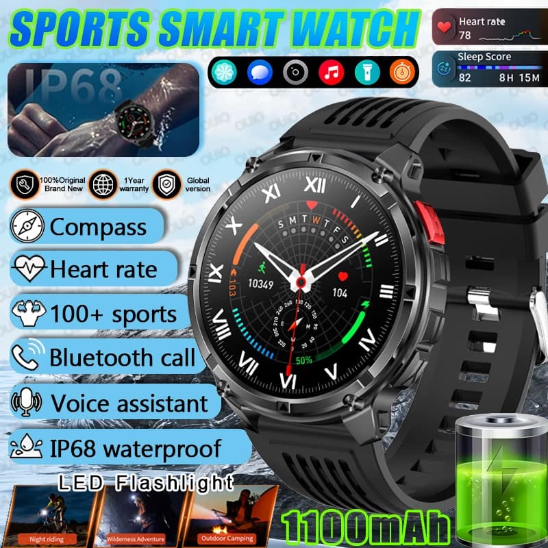 Orologio intelligente per sport all'aria aperta da uomo nuovo 1100mAh Batteria Bussola IP68 Torcia a LED impermeabile Assistente vocale Chiamata BT Smart Watch
