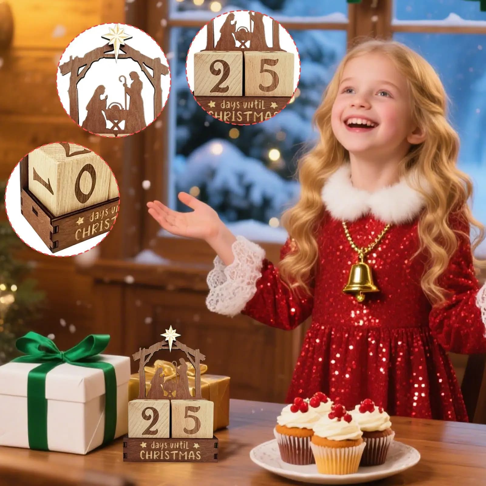 Calendario dell'Avvento della presepe in legno Blocchi per il conto alla rovescia Giorni fino a Natale Decorazioni per le vacanze invernali per l'ufficio da tavolo domestico