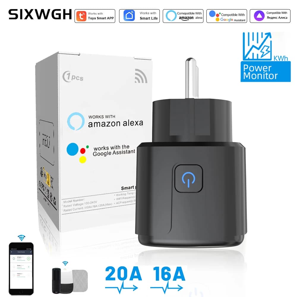 Intelligent Tuya socket with WiFi Remote Control, EU Plug with Energy Monitor 16A/20A, Google/Alexa Vocal Control, Temporization