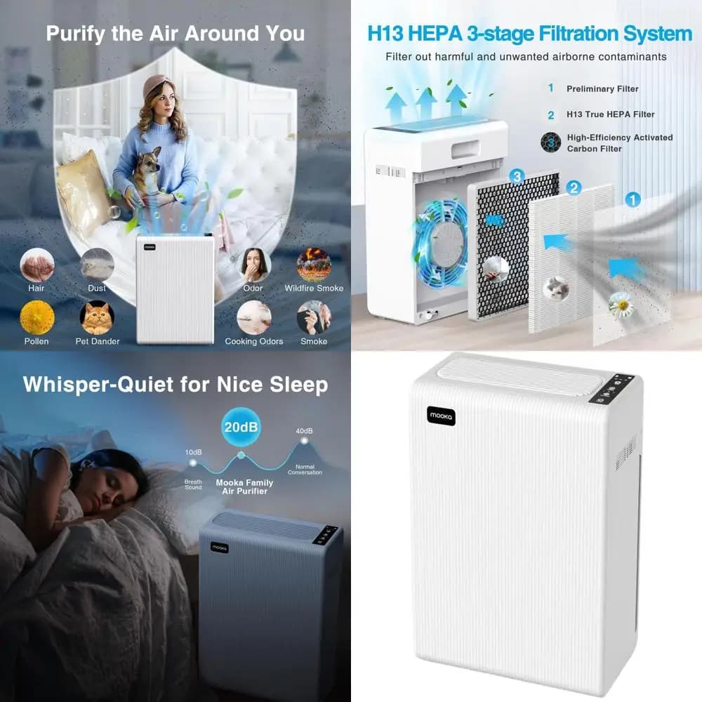 Purificatore d'aria per ambienti ampi, ideale per animali domestici, fumo, polline, polvere - Filtro HEPA H13, senza ozono, portatile per casa, ufficio, camere da letto