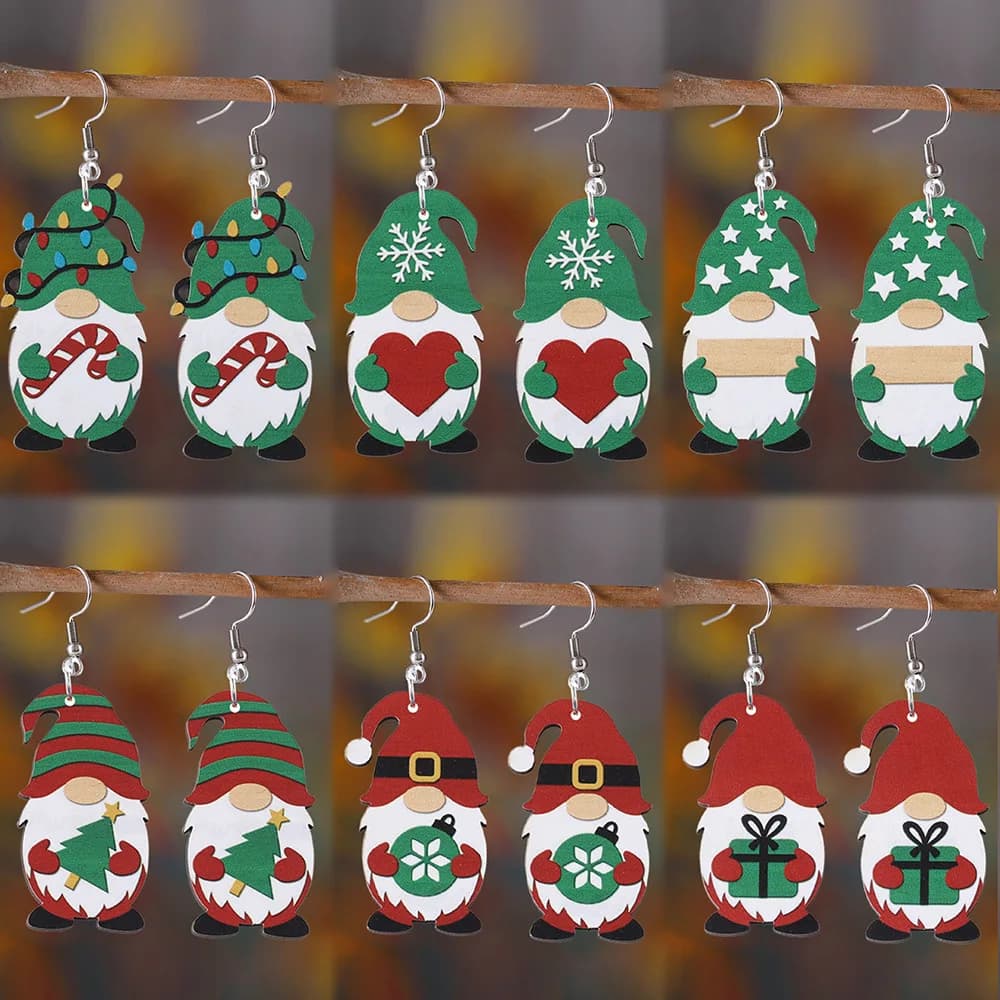 Orecchini pendenti per albero di Natale nano carino transfrontaliero europeo e americano Orecchini bifacciali in legno Natale g