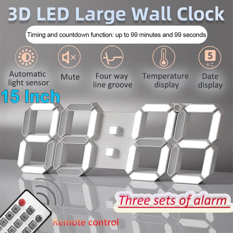 Orologio da parete digitale a LED da 15 pollici con display 3D, telecomando, luce automatica, funzione di temporizzazione e conto alla rovescia