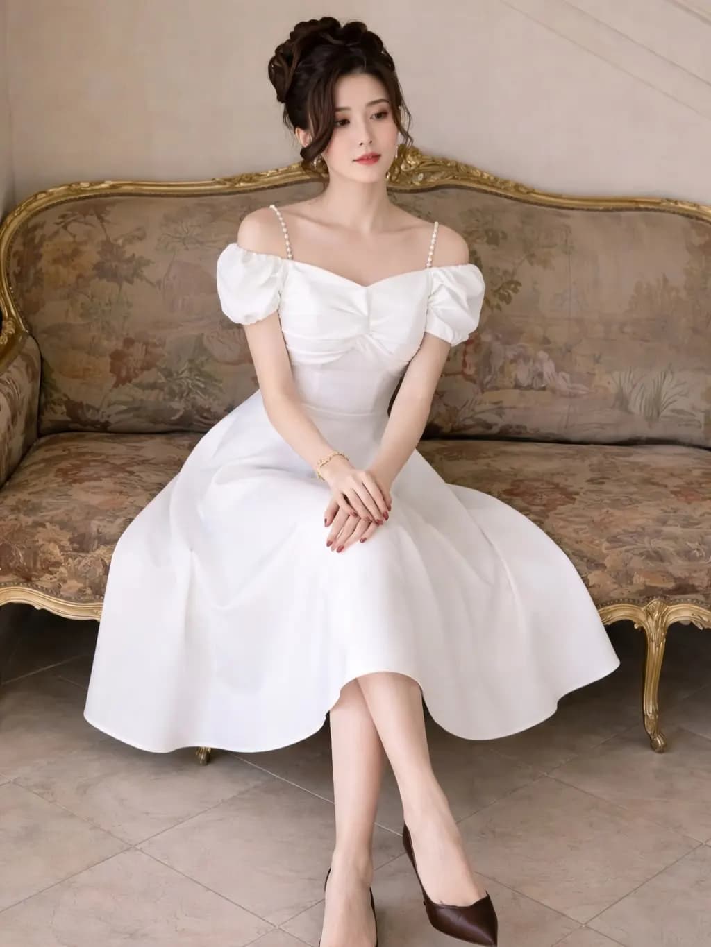 Customized Simple White Prom Gowns Women's Spaghetti Strap Short Sleeve Ruffle A-line Ankle Length Evening Dresse Party Gown