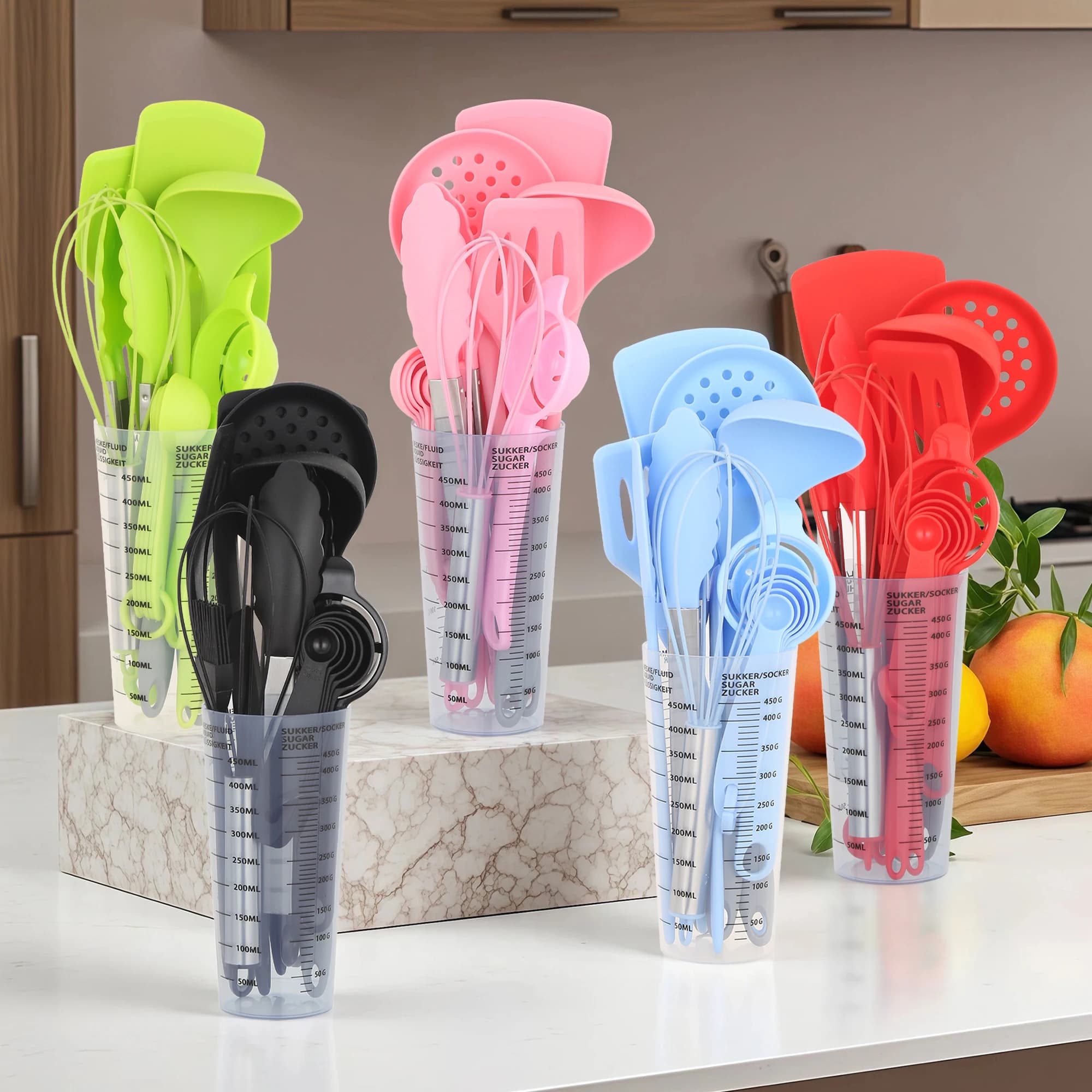 Set di 18 Utensili da Cucina in Silicone con Supporto per la Conservazione