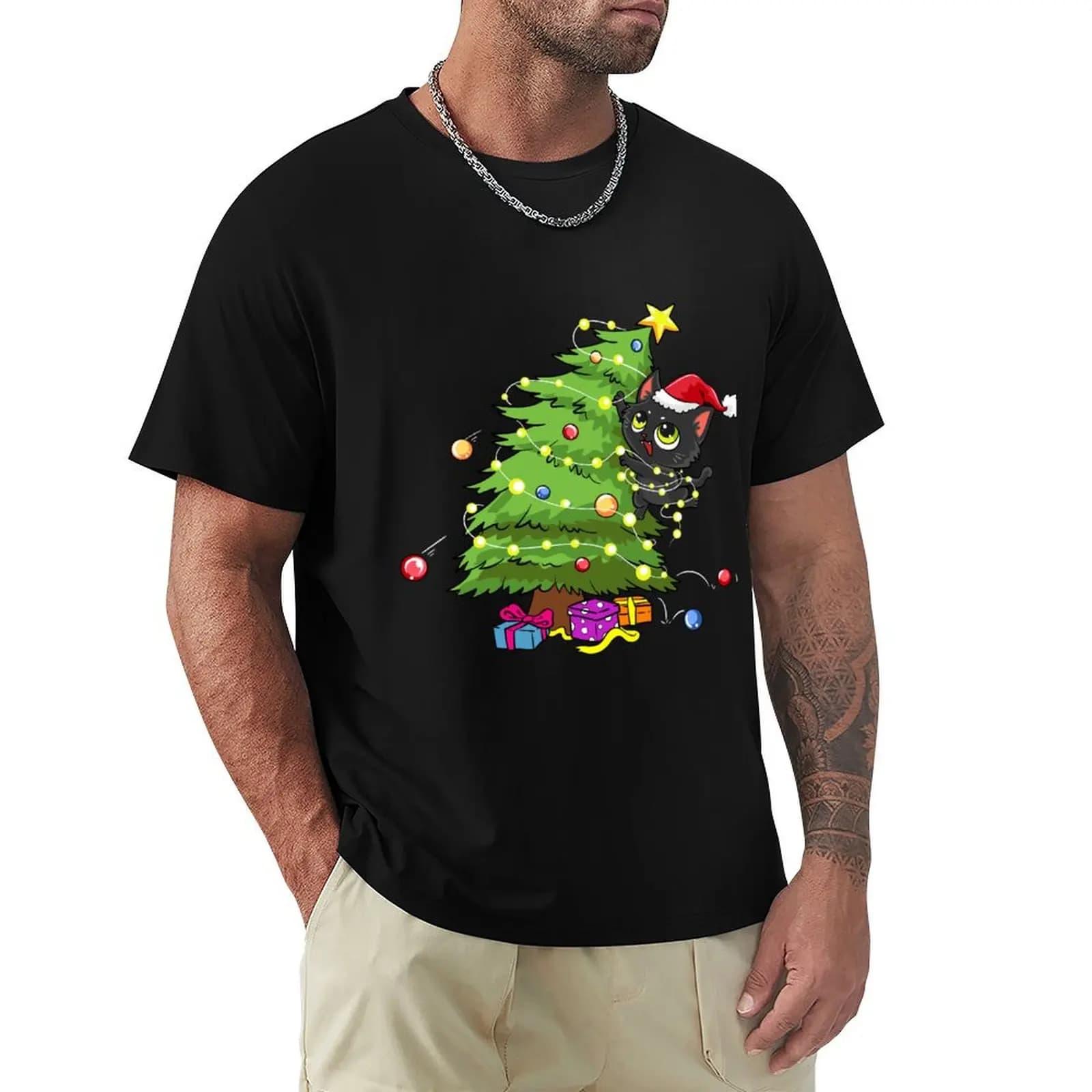 Santa Black Cat Tangled Up In Christmas Tree Lights Holiday T-Shirt Fashion Simple Casual Tee Shirt