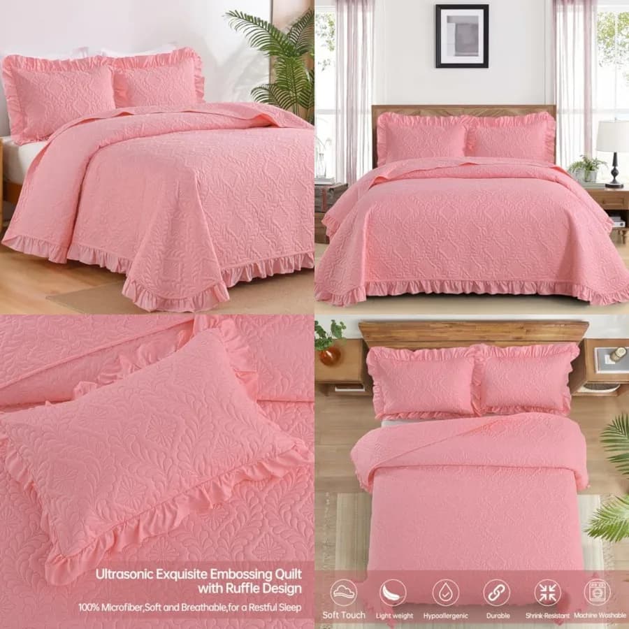 Size Quilt Set, 3 Pieces Ruffled Quilt Bedding Set Bedspreads - Lightweight Bedspreads Coverlets Bedding Cover All Season Use B