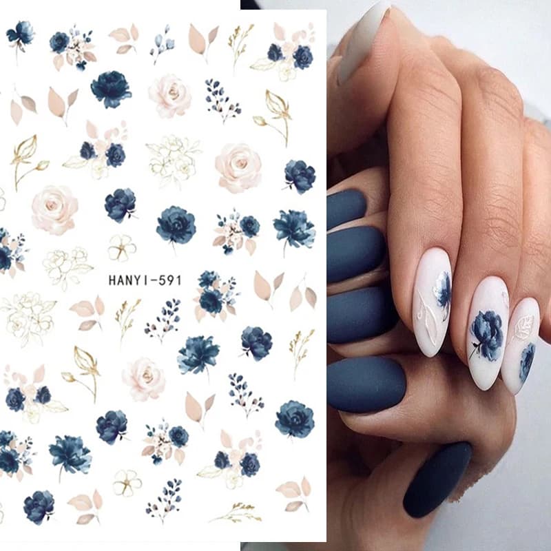 Decalcomanie for nail art 3D Elegant white RoyalBlue Roses Flowers Adhesive Nail Stickers Decoration for nail manicure