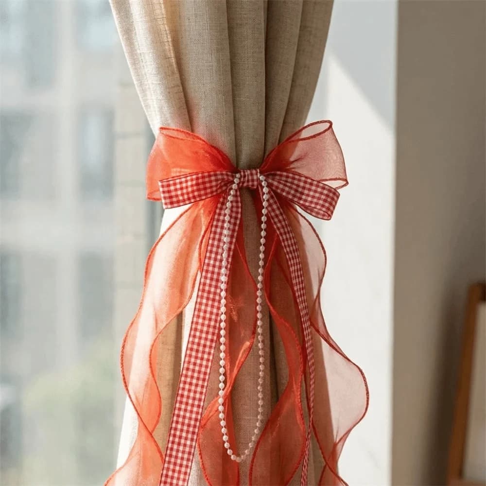 Red Plaid Bow Curtain Tiebacks Adjustable Strawberry Design Curtain Rope Decorative Curtain Binding Straps Bedroom