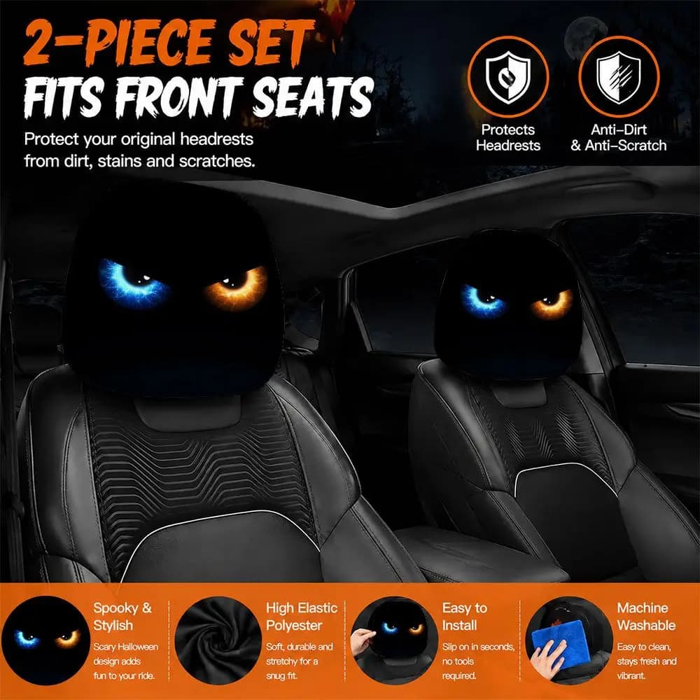 Universal Car Headrest Covers Orange Blue Lightning Eyes Print Black Fabric Auto Seat Neck Pillow Decor Funny Interior SUV