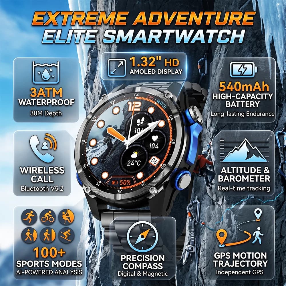 Orologio GPS per Sport all'Aperto con Altimetro, Barometro, Bussola, Monitoraggio della Frequenza Cardiaca, Impermeabile 3ATM, Chiamate Bluetooth HD, Smartwatch