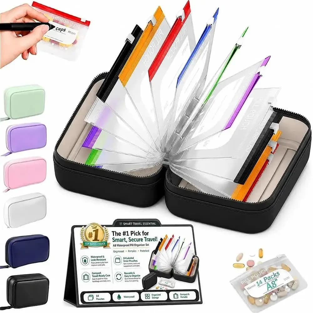 7/14Pouch Weekly Pill Organizer Waterproof A8 Pouch Twice-Daily Pill Storage Organizer Vitamins Supple with 14 Color-Coded Pouch