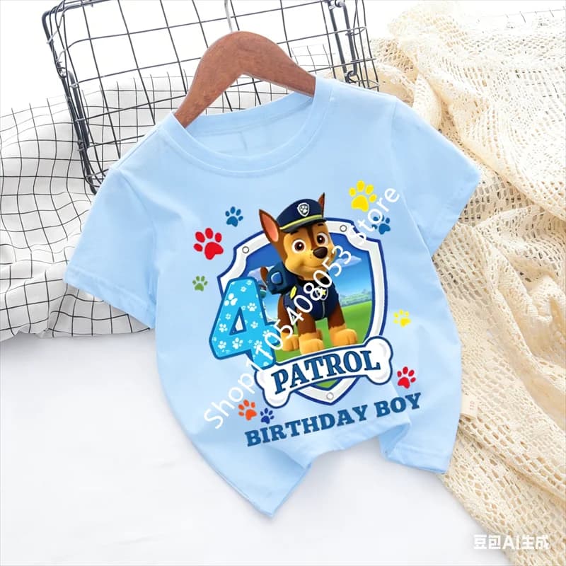 Magliette blu Paw Patrol per ragazzi Anime Cartoon Abbigliamento carino per compleanno Abbigliamento per bambini Moda estiva Camicia a maniche corte Abbigliamento per bambini