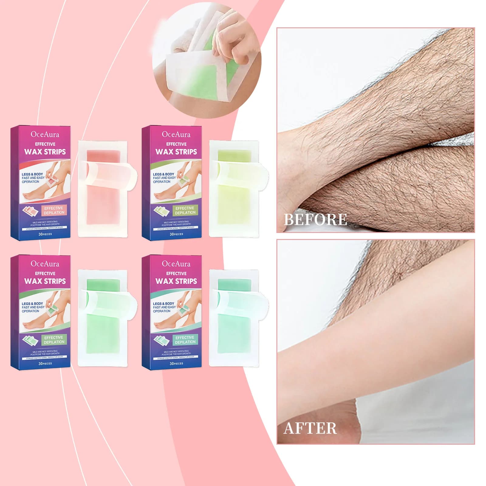 30 Strisce Depilatorie Professionali a Freddo con Cera Inibitrice della Crescita dei Peli per Viso, Gambe, Ascelle e Braccia