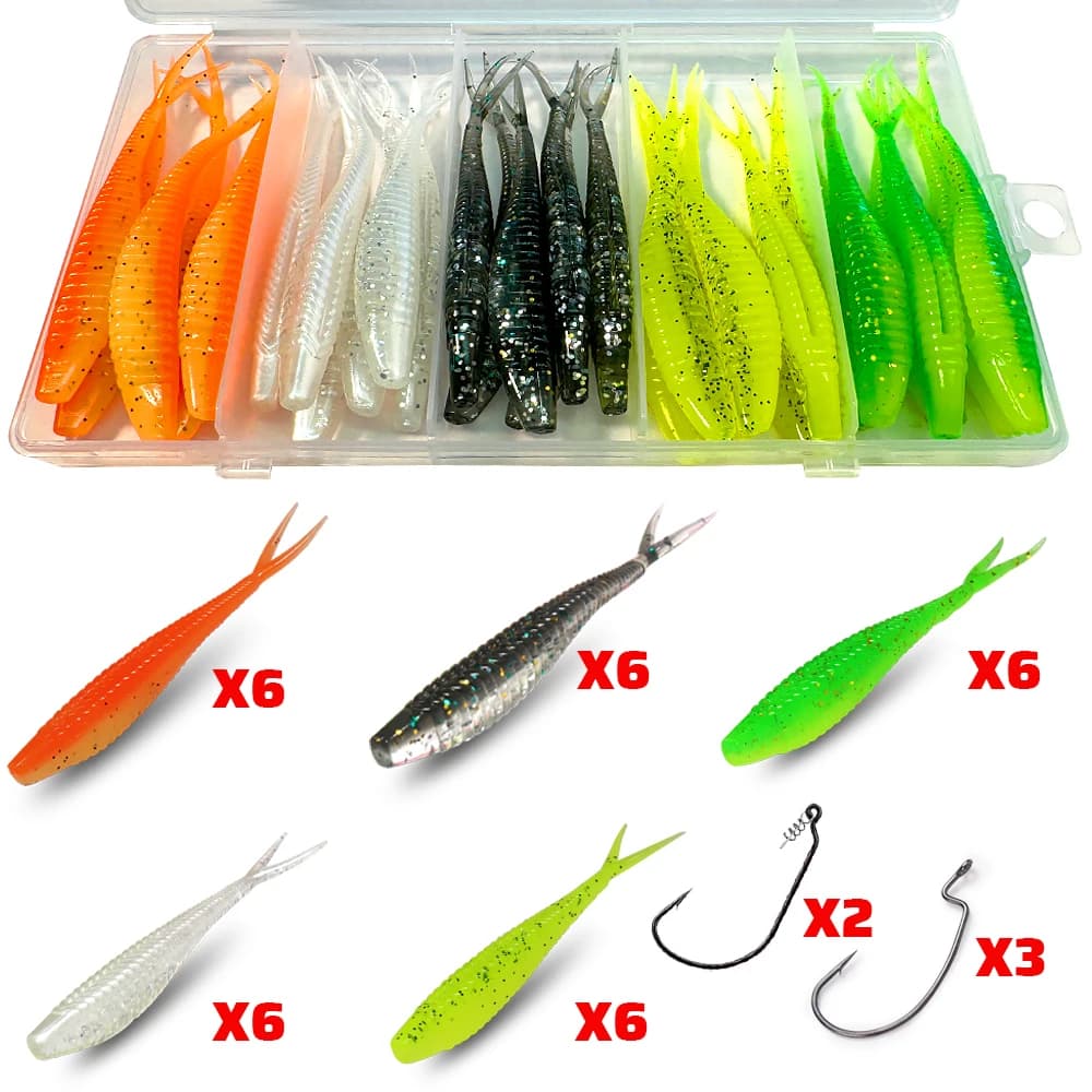 GOBAIT 36PCS Set of fishing baits Spring locking screws Offset Endless screw hook 7cm V Coda Fishing Gear Manovella Swimbait Carpa Equipment Box Soft bait