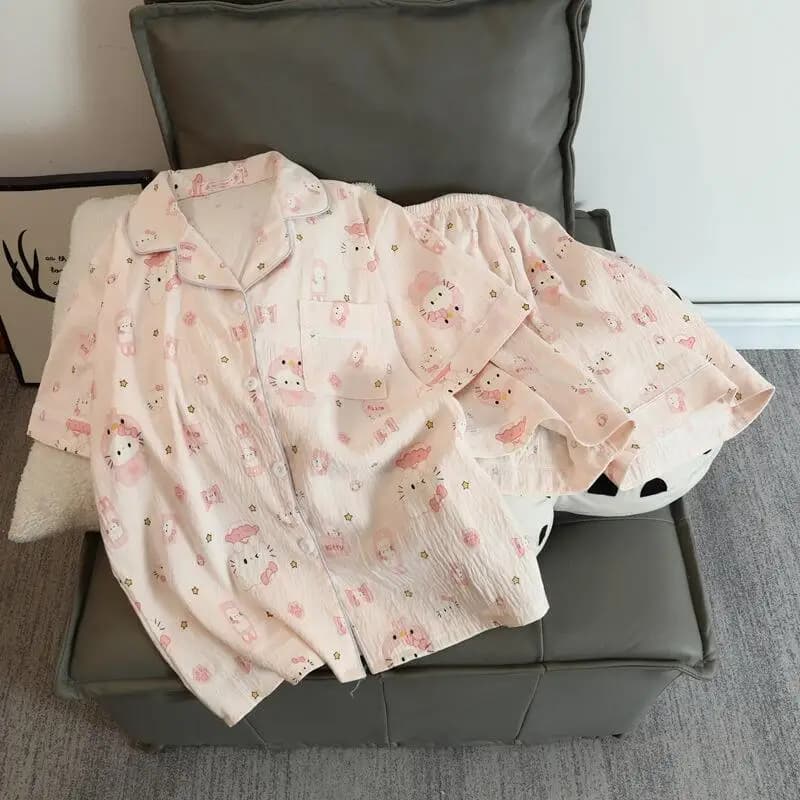Set Pigiama Estivo da Donna con Maniche Corte e Pantaloncini, Nuovo Stile Dolce e Casual, Cardigan Femminile alla Moda, Traspirante, Abbigliamento da Casa in Due Pezzi