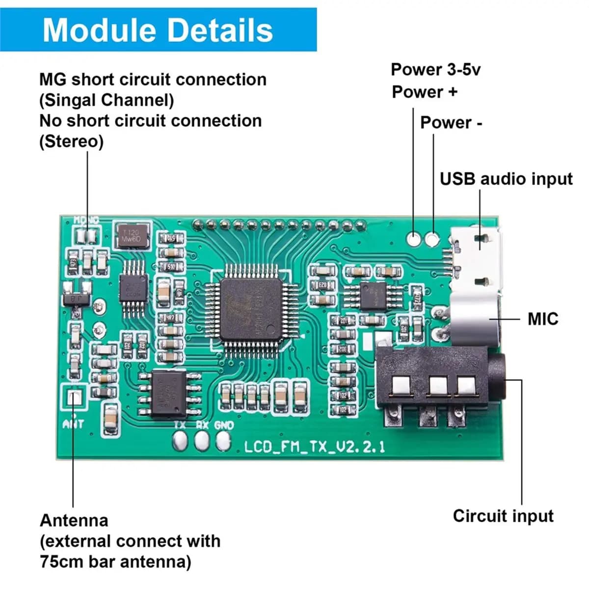 Modulo Trasmettitore FM Digitale ABSF, Scheda Microfono Wireless Stereo con Modulazione di Frequenza, Display LCD, Ingresso Line/USB/Mic