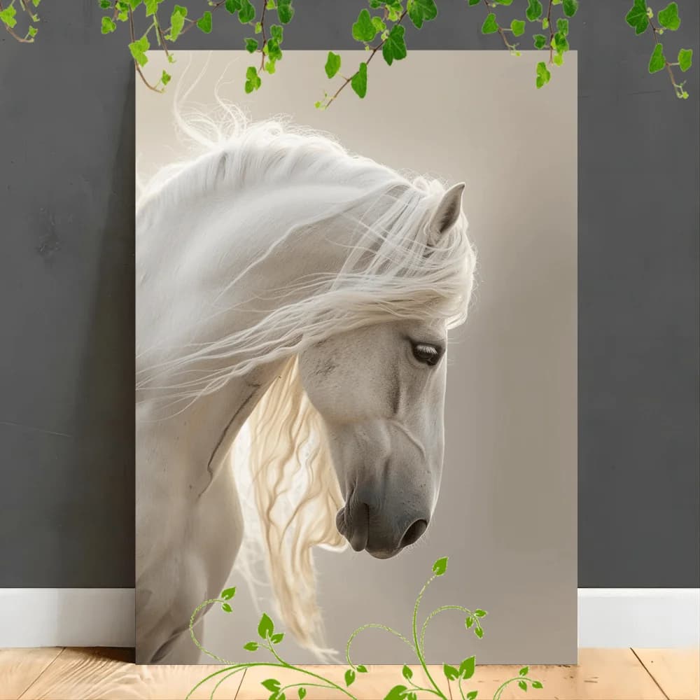 1 pezzo di pittura su tela senza cornice, molto adatto per ufficio, corridoio, casa, soggiorno, decorazione, cavallo bianco con criniera che scorre
