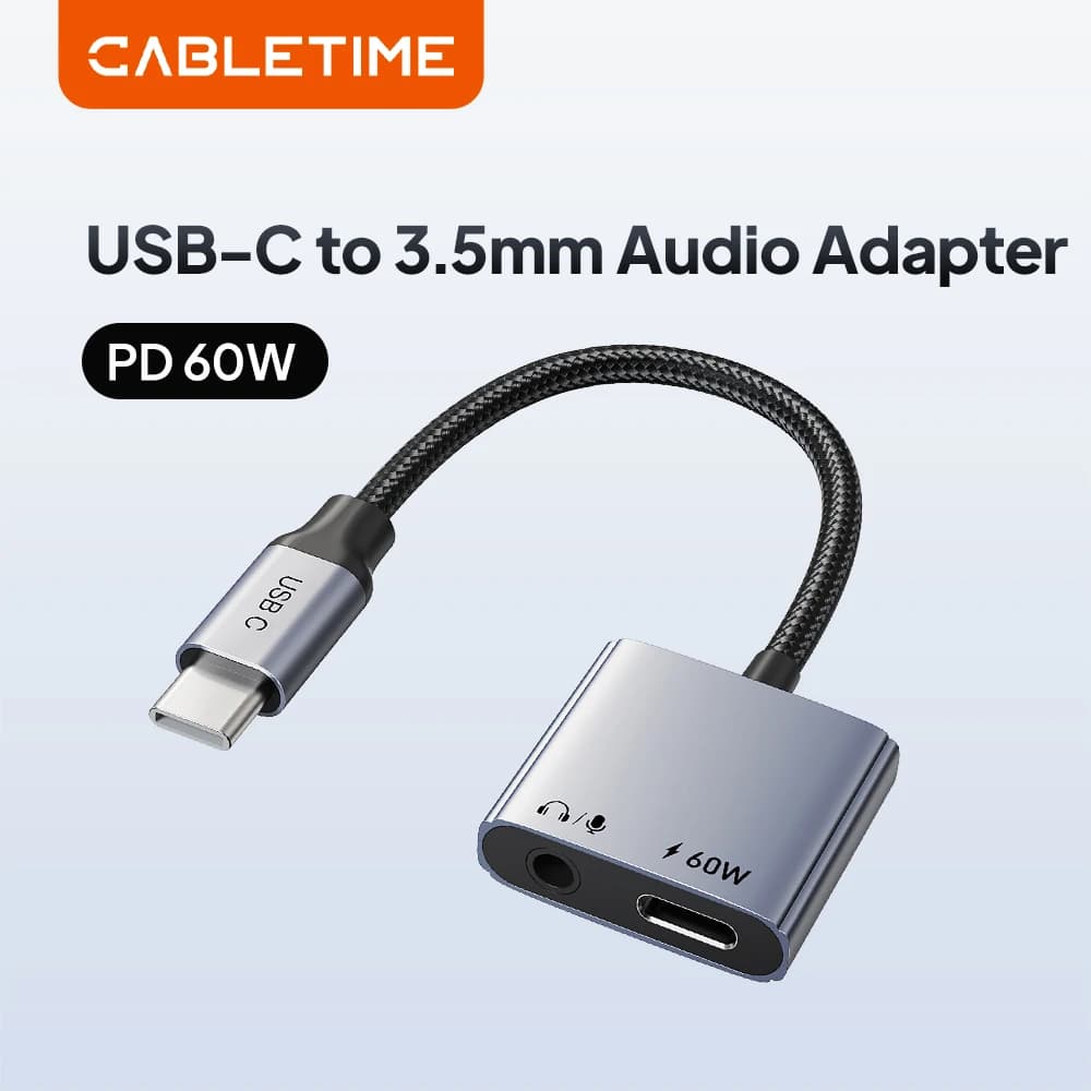 CABLETIME PD60W Adattatore per caricabatterie rapido USB C a 3,5 mm Hub audio USB-C Caricatore per cuffie Adattatore jack 2-in-1 Hi-Fi per iPhone Xiaomi