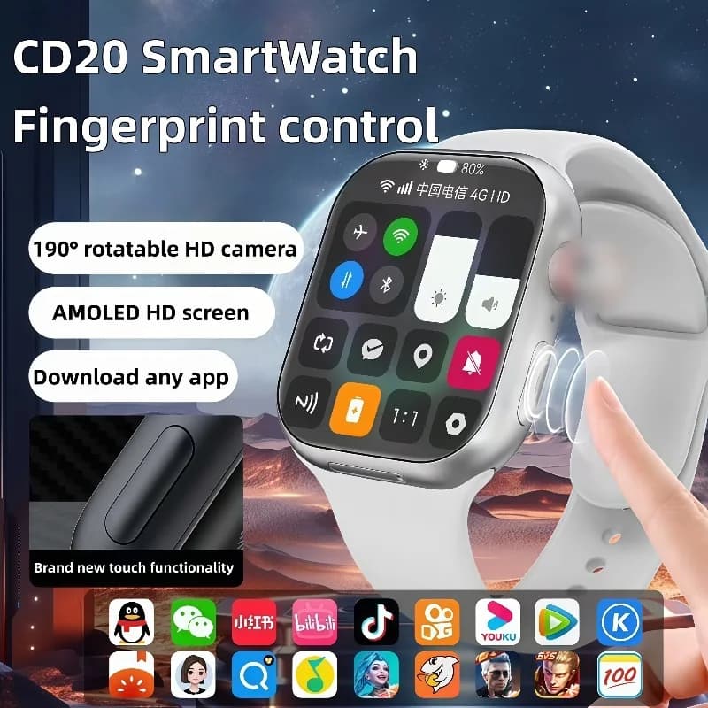CD20 Smart Watch 5G Android 10.0 Smartwatch with 180 ° HealthSmartwatch GPS Rotary Camera