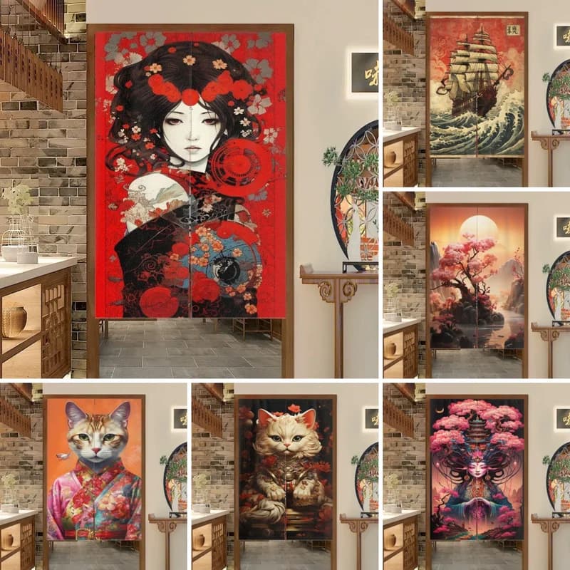 VIKAMA Japanese Ukiyo-e Noren Door Curtain Oriental Retro Figure Animal Floral Partition Curtain Home Restaurant Decor