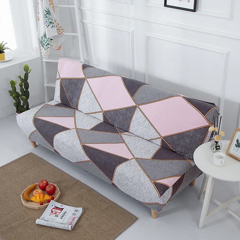 1pc Stretch Sofa bed cover, Pink Gray Geometric Print Elastic Couch Cover for Living Room, Washable Modern Furniture Protector
